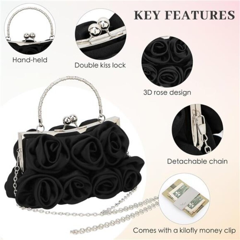 kilofly Missy K 7 Roses Clutch Purse, Satin, with Detachable Strap Money Clip - Picture 4 of 8
